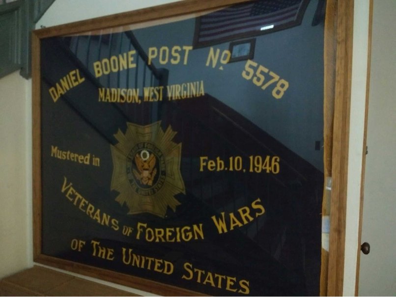 A Daniel Boone VFW Post 5578, Madison, West Virginia, banner showing a founding date of February 10, 1946. 